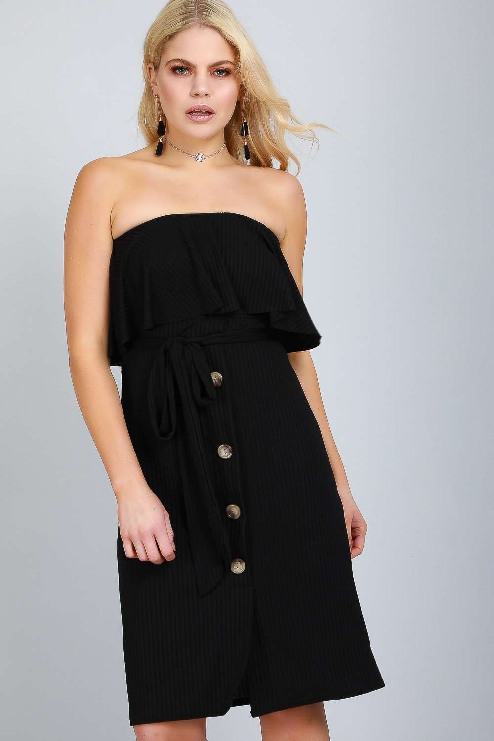 Jace Bardot Frill Belted Button Midi Dress - bejealous-com