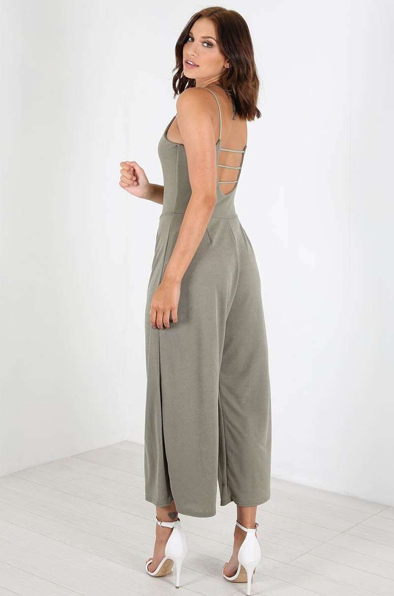 Khaki Open Back Strappy Cropped Culotte Basic Jumpsuit - bejealous-com