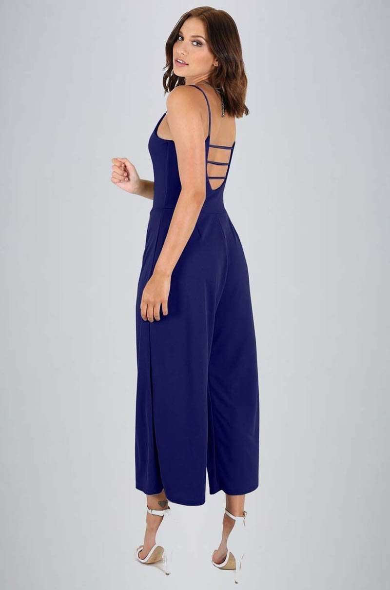 Khaki Open Back Strappy Cropped Culotte Basic Jumpsuit - bejealous-com
