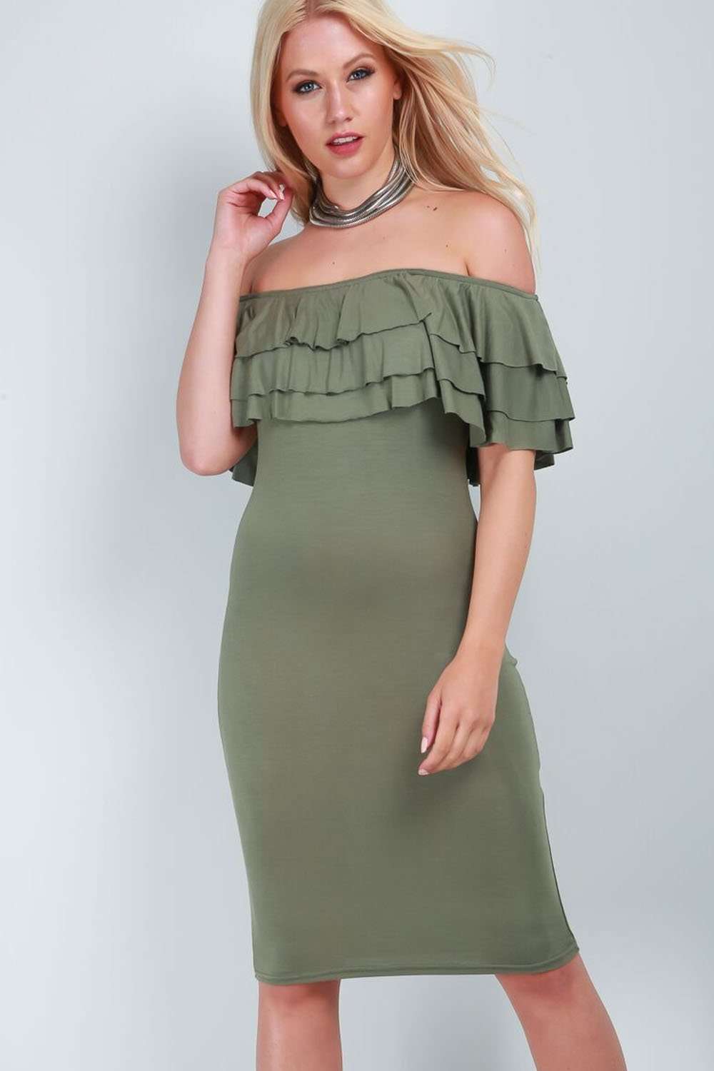 Lassie Bardot Tiered Frill Bodycon Midi Dress - bejealous-com