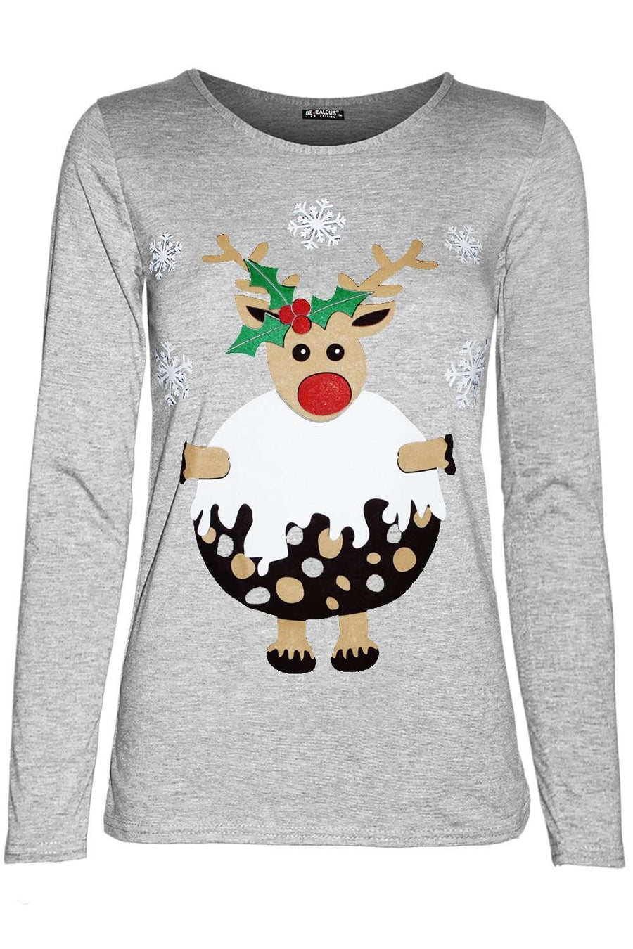 Long Sleeve Christmas Pudding Print Tshirt - bejealous-com