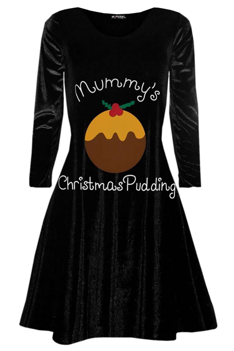 Long Sleeve Faux Velvet Xmas Pudding Swing Dress - bejealous-com