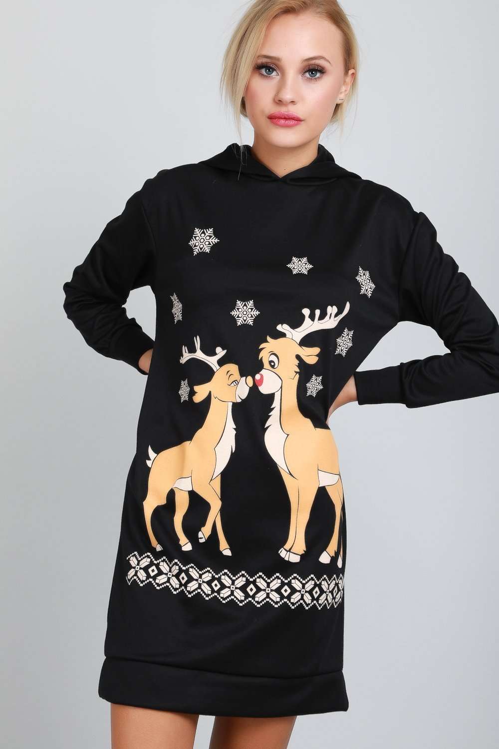 Long Sleeve Reindeer Graphic Print Christmas Jumper Dress - bejealous-com