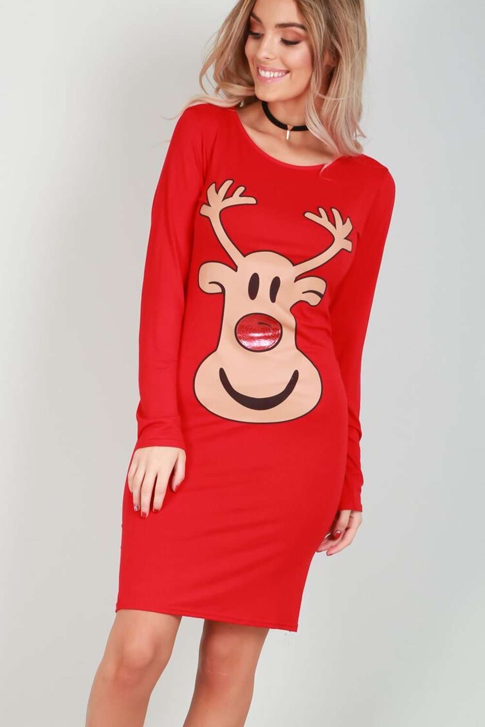 Long Sleeve Reindeer Graphic Print Midi Dress - bejealous-com