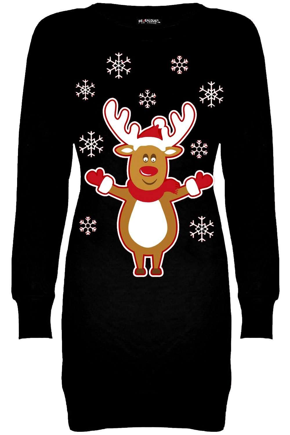 Long Sleeve Rudolph Print Oversized Jumper Dress - bejealous-com