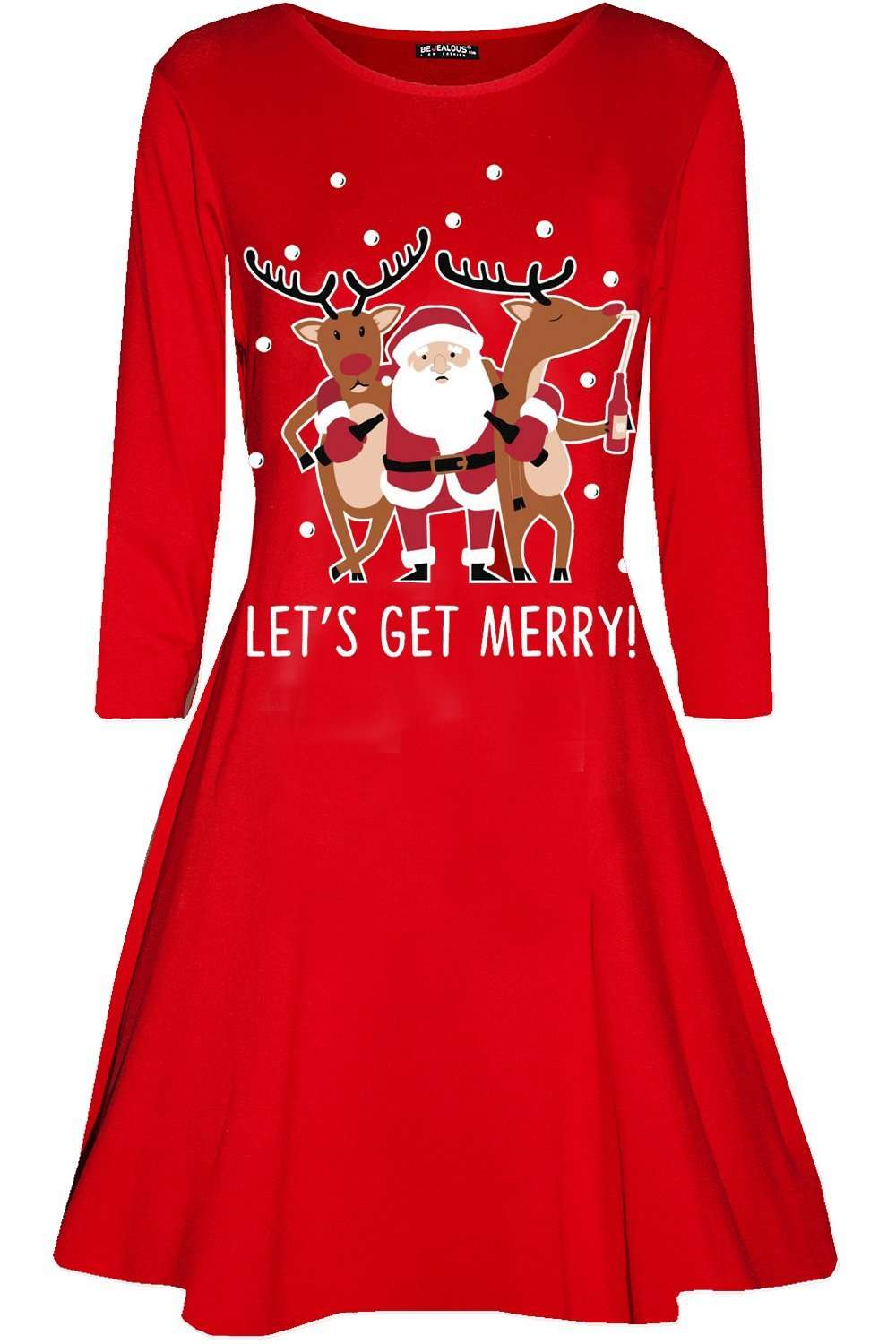 Long Sleeve Santa Print Christmas Swing Dress - bejealous-com