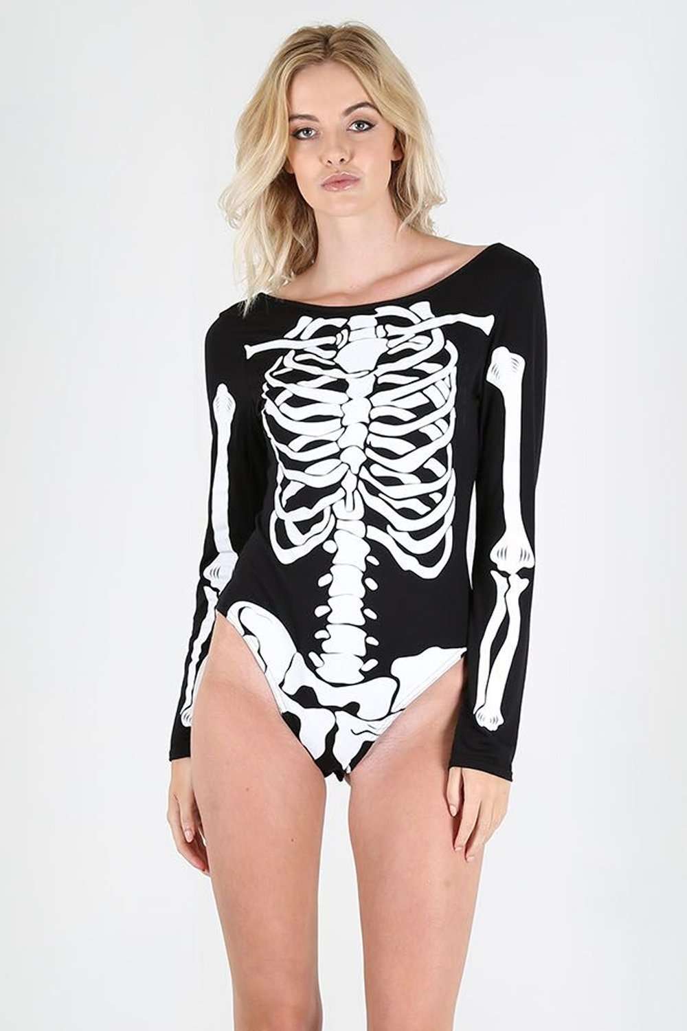 Long Sleeve Skeleton Print Bodysuit - bejealous-com