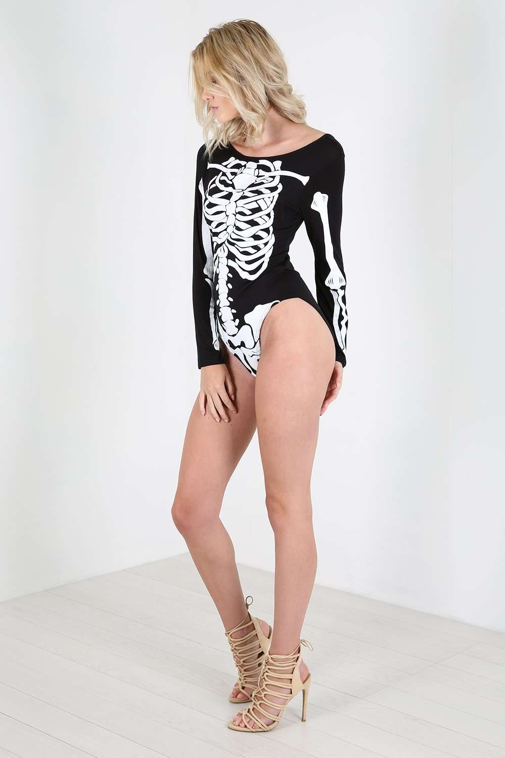 Long Sleeve Skeleton Print Bodysuit - bejealous-com