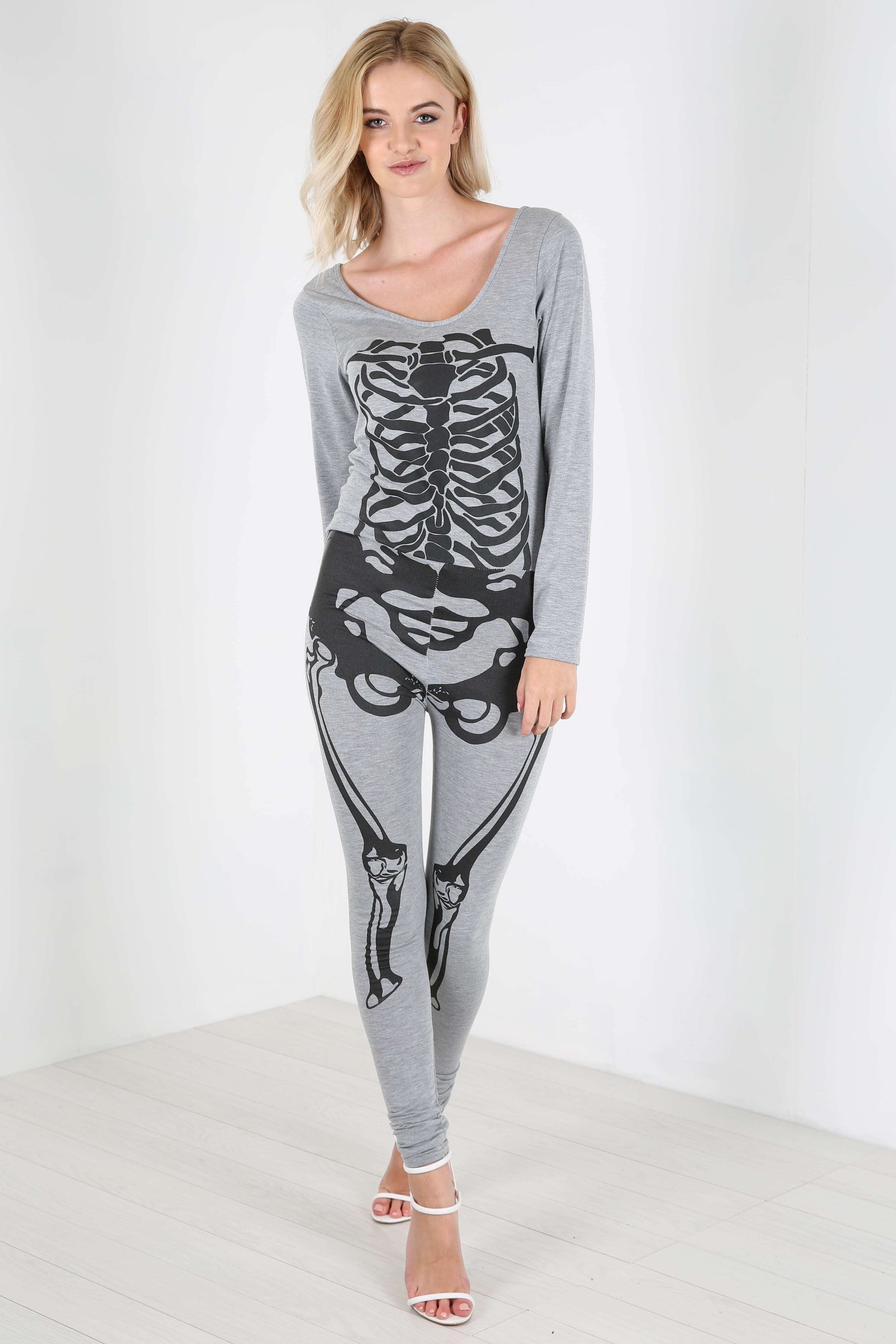 Long Sleeve Skeleton Print Halloween Catsuit - bejealous-com