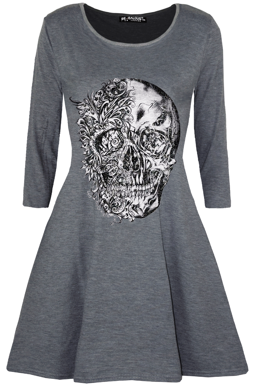 Long Sleeve Skull Print Skater Dress - bejealous-com