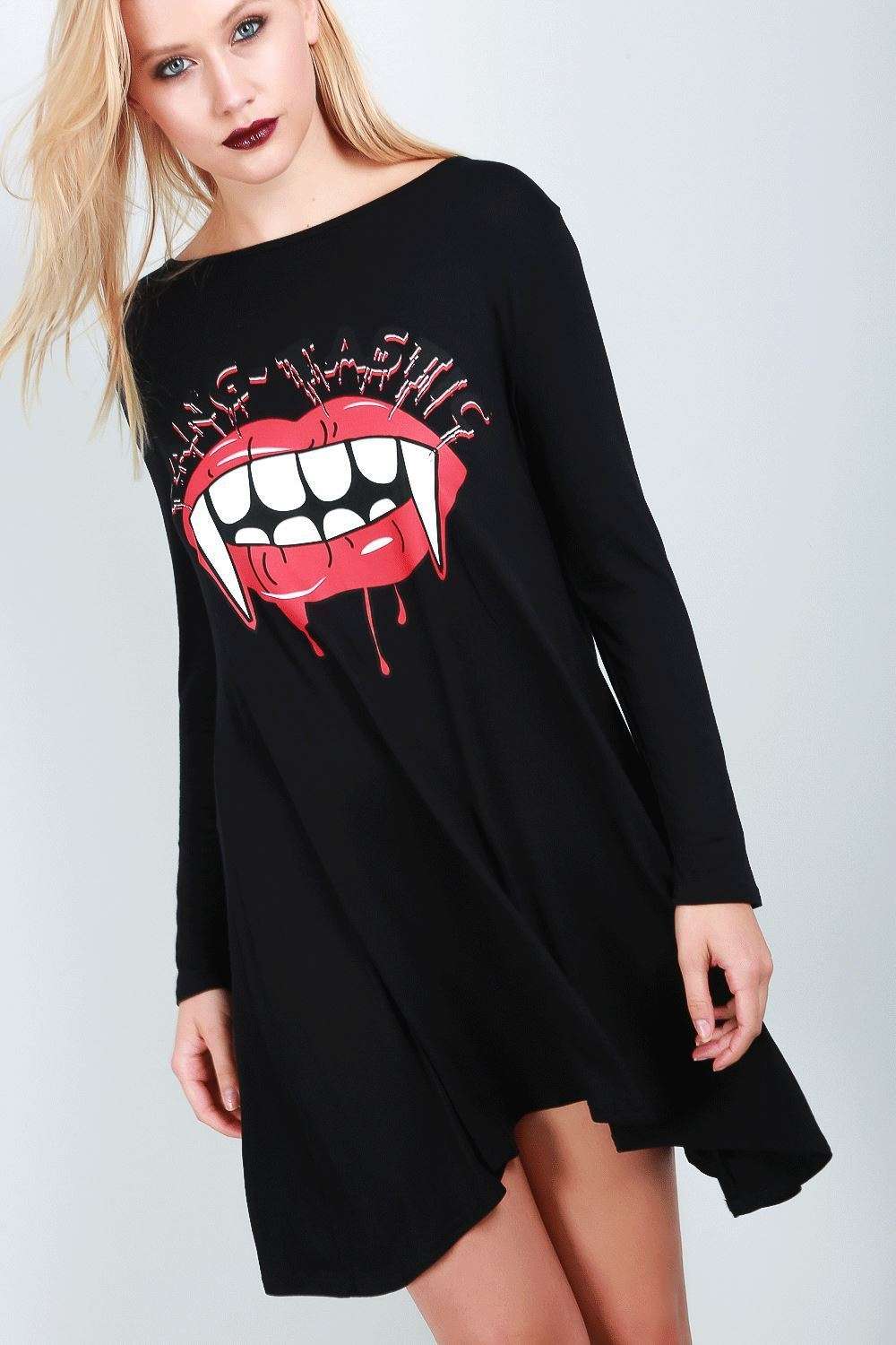 Long Sleeve Vampire Fangs Swing Dress - bejealous-com