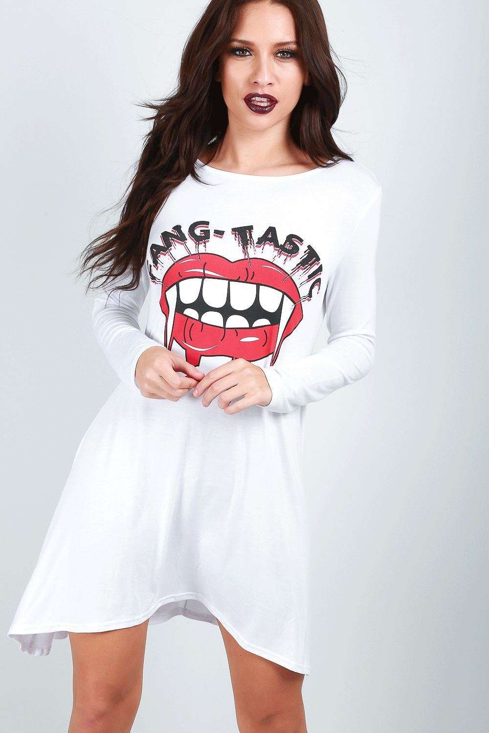 Long Sleeve Vampire Print Swing Dress - bejealous-com