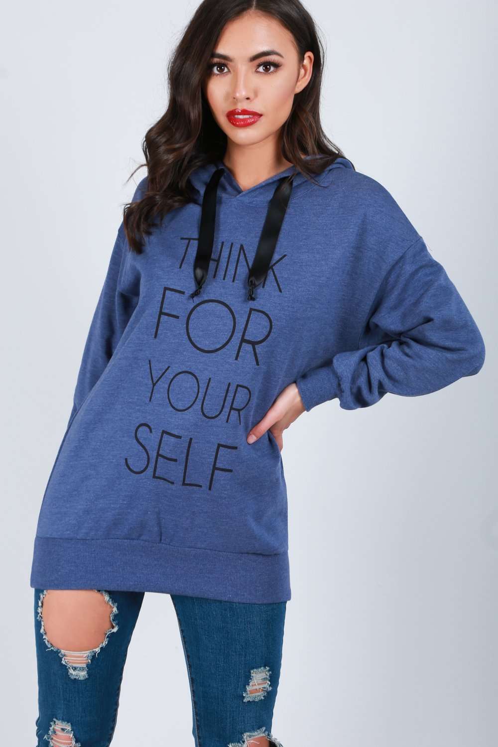 Mallia Slogan Print Satin Drawstring Hoodie - bejealous-com
