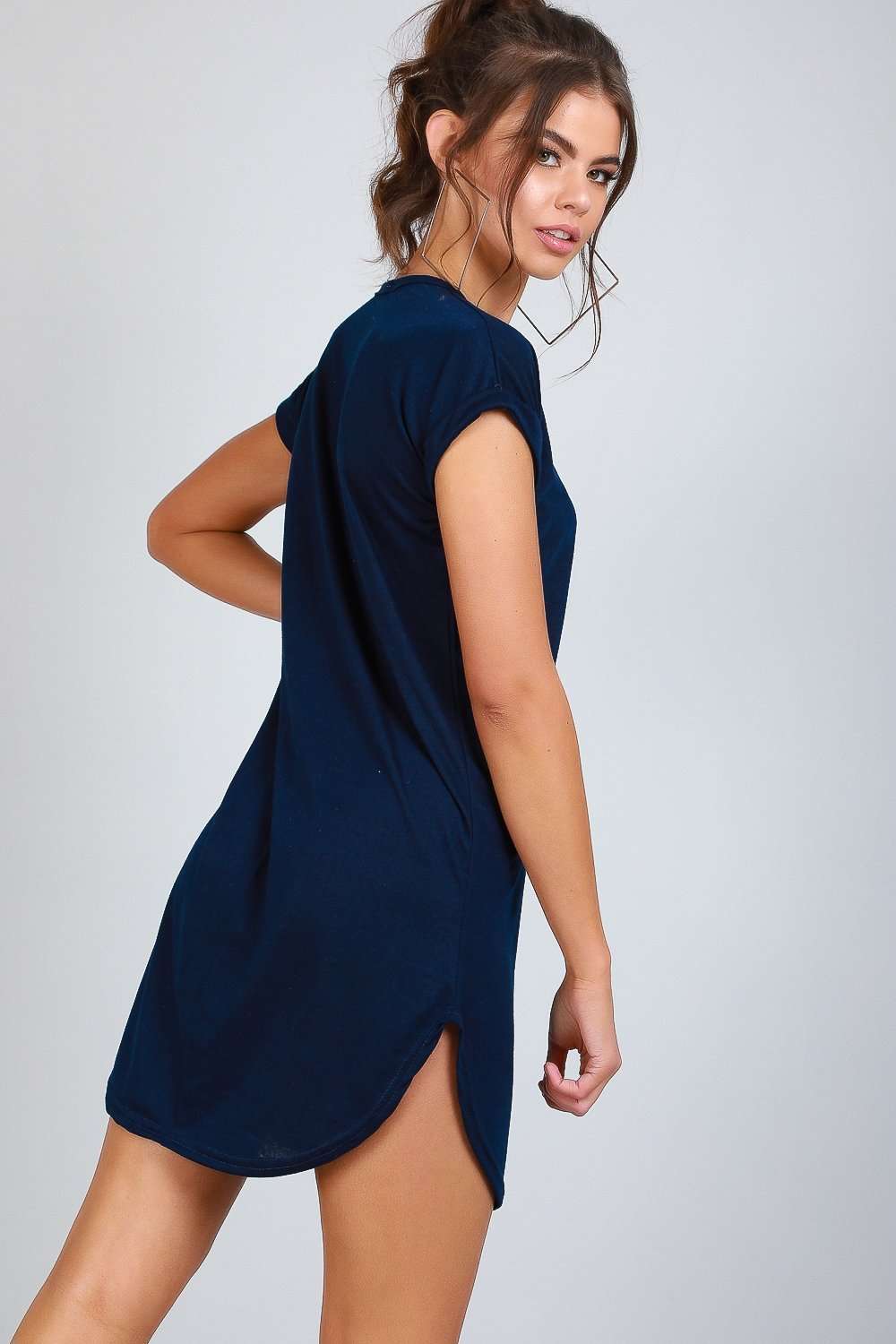 Turn Up Sleeve Curved Hem Tshirt Dress - bejealous-com