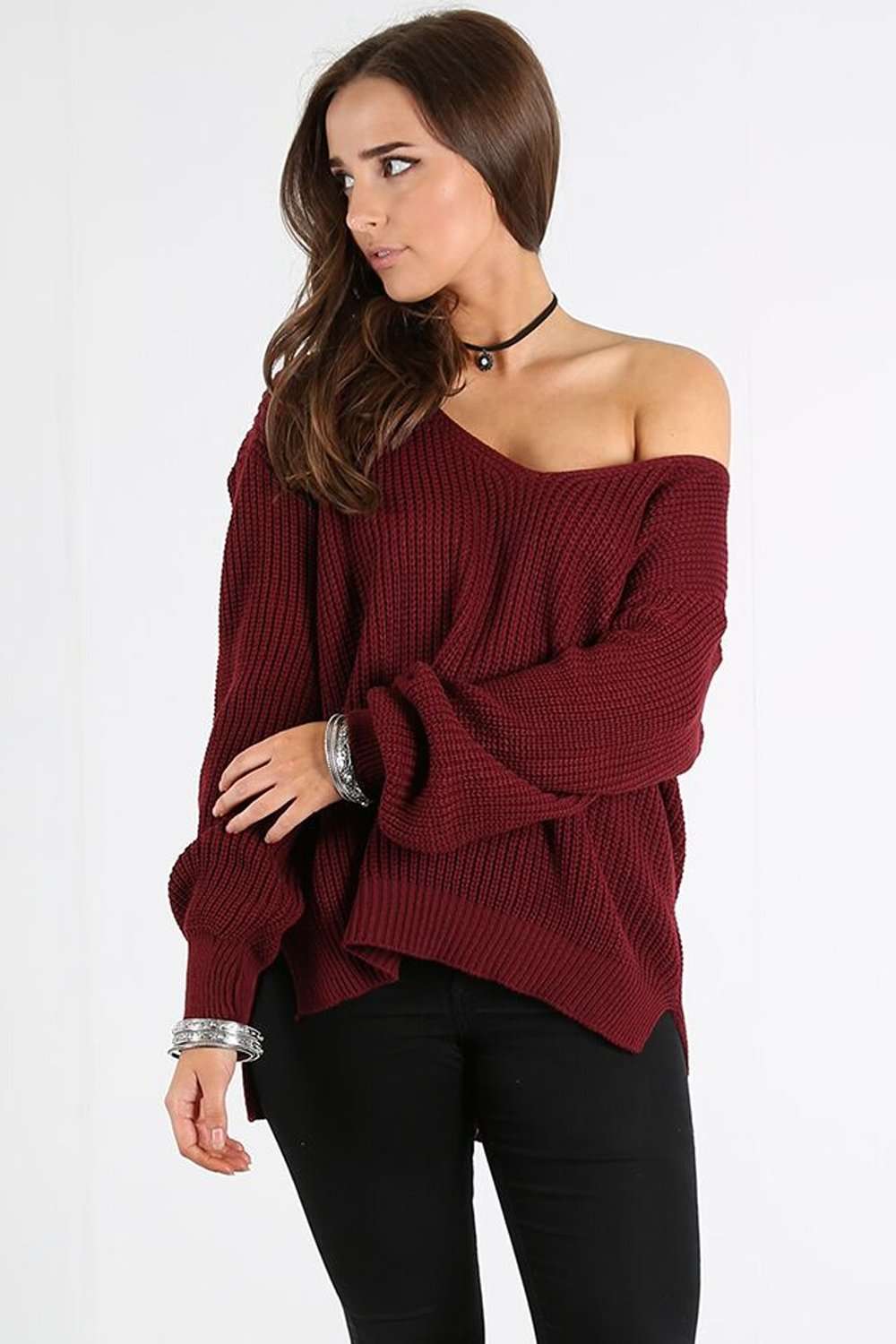 Miah Vneck Off Shoulder Knitted Jumper - bejealous-com
