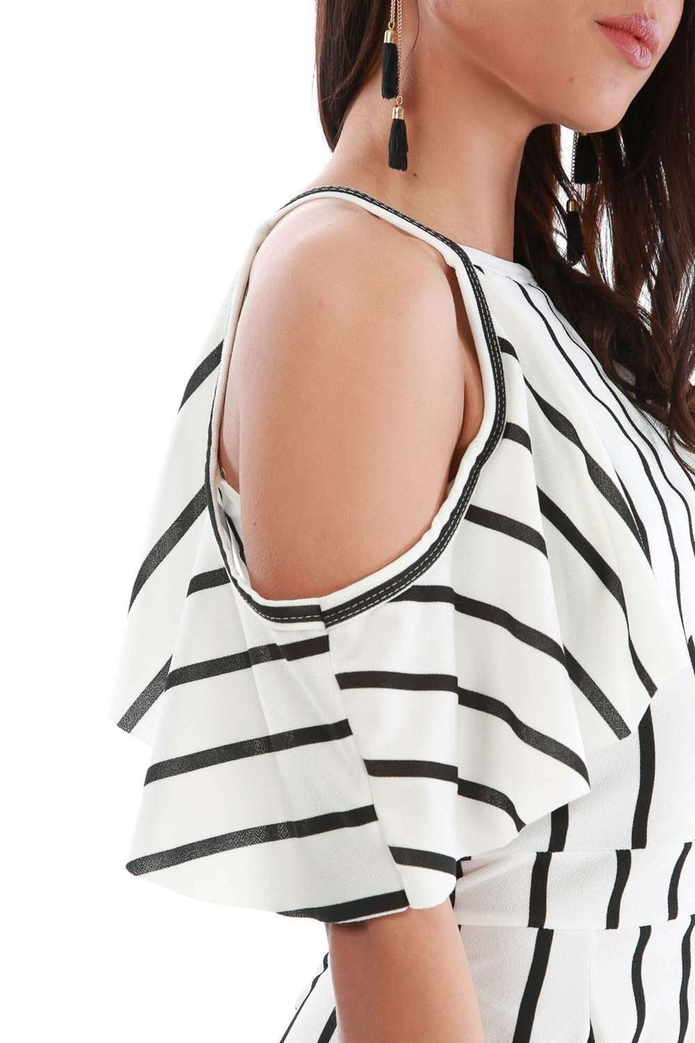 Monochrome Striped Frilly Cold Shoulder Culotte Jumpsuit - bejealous-com