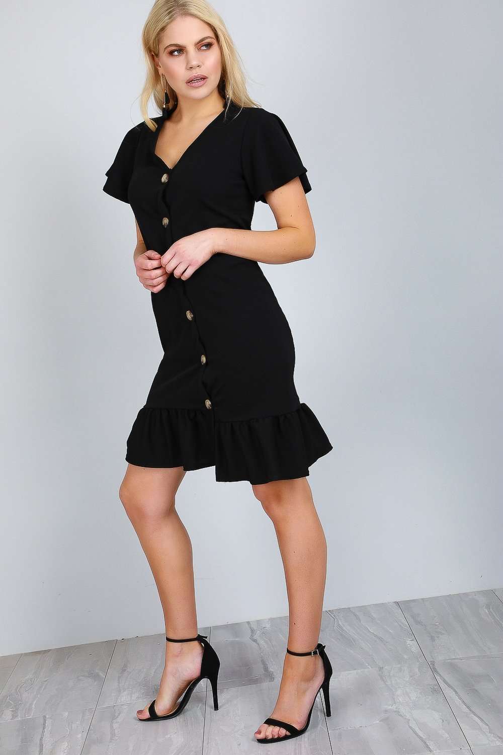 Navy Button Through Frill Sleeve Mini Dress - bejealous-com