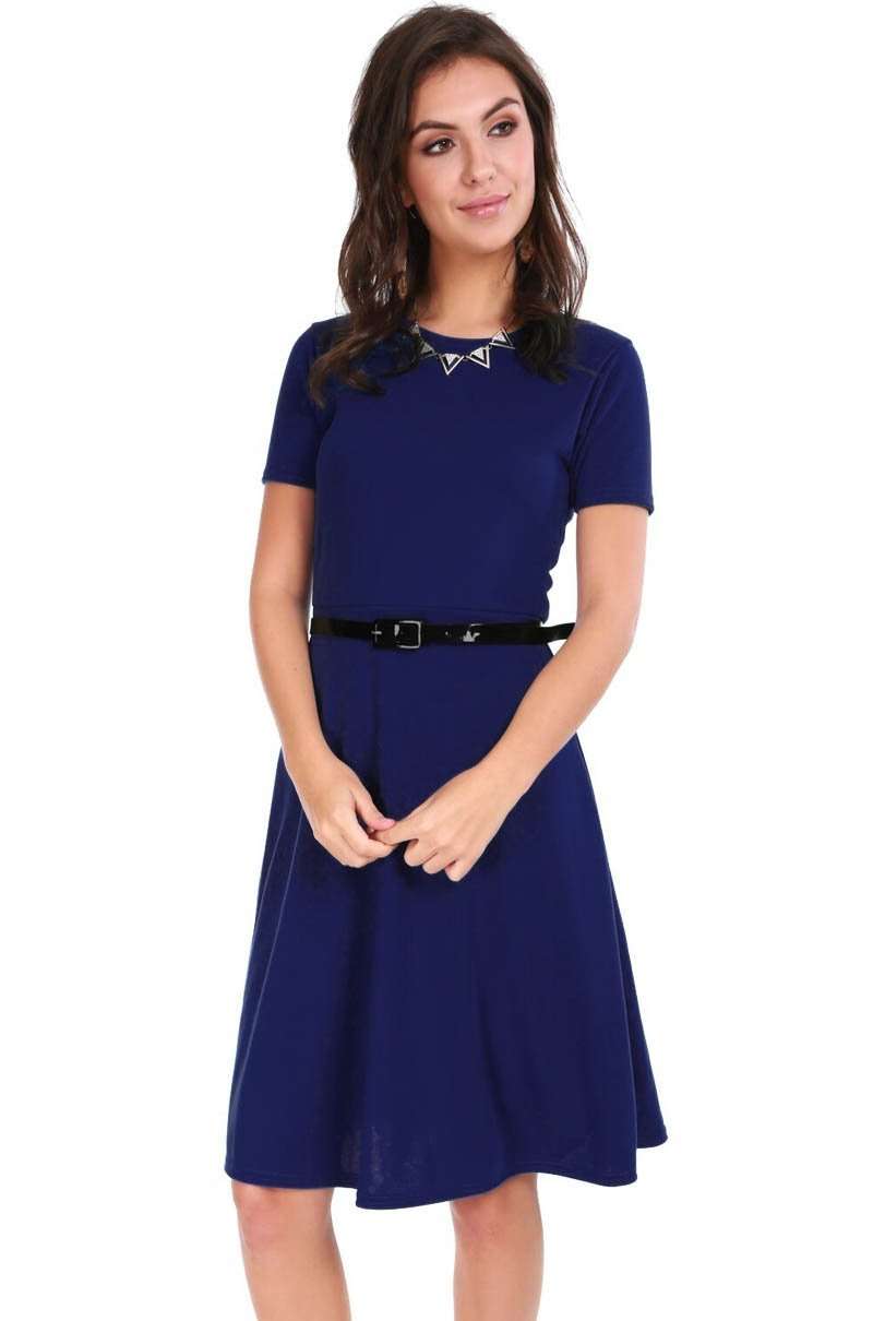 Navy Cap Sleeve Belted Midi Skater Dress - bejealous-com