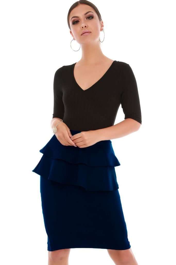 Navy High Waist Peplum Frill Midi Pencil Skirt - bejealous-com