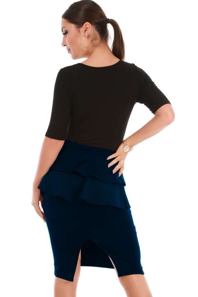 Navy High Waist Peplum Frill Midi Pencil Skirt - bejealous-com