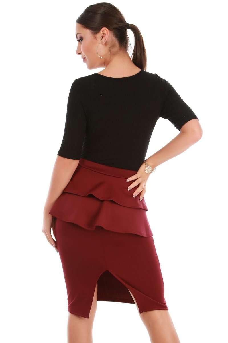 Navy High Waist Peplum Frill Midi Pencil Skirt - bejealous-com