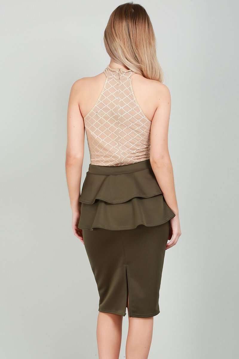 Navy High Waist Peplum Frill Midi Pencil Skirt - bejealous-com