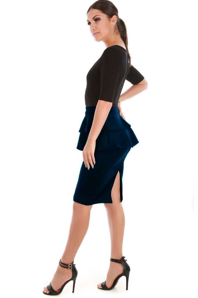 Navy High Waist Peplum Frill Midi Pencil Skirt - bejealous-com