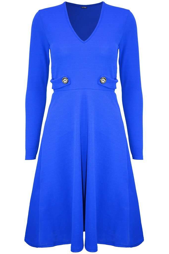 Long Sleeve Button Flared Midi Skater Dress - bejealous-com