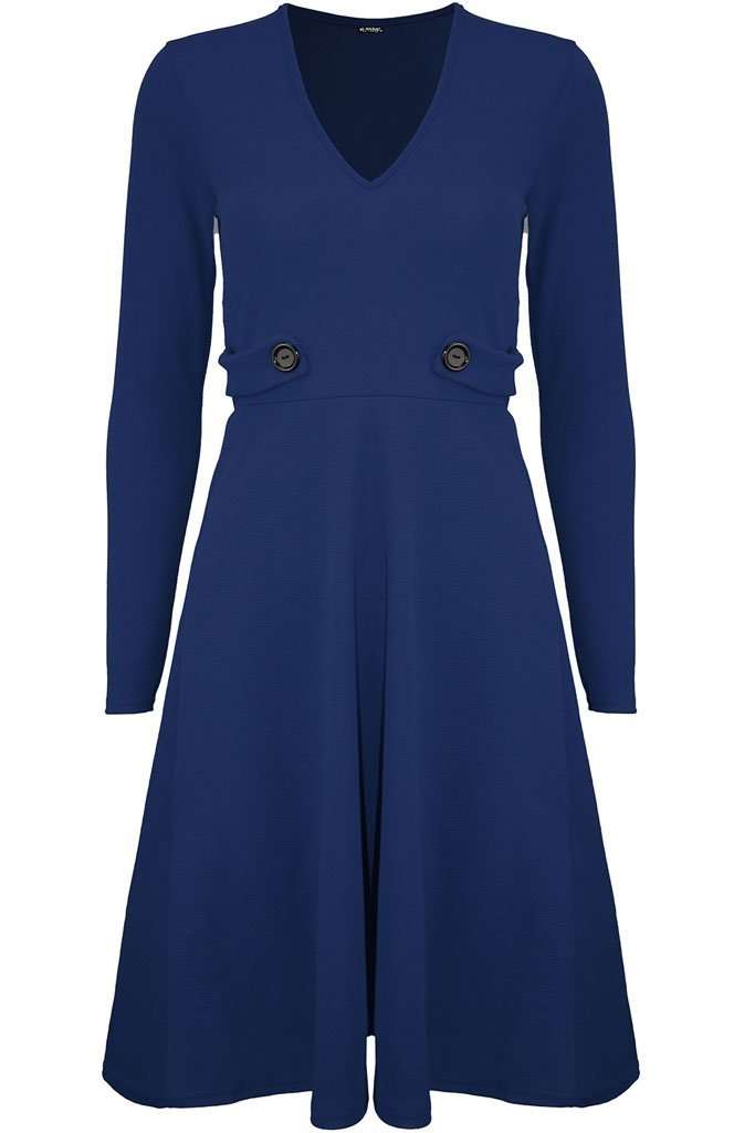 Long Sleeve Button Flared Midi Skater Dress - bejealous-com