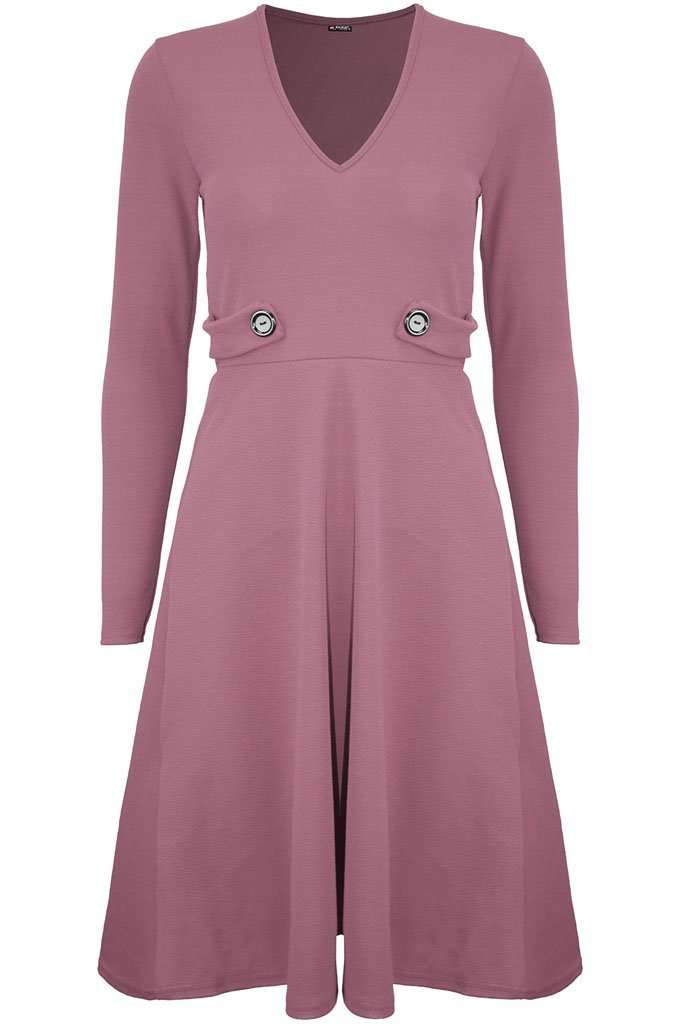 Long Sleeve Button Flared Midi Skater Dress - bejealous-com