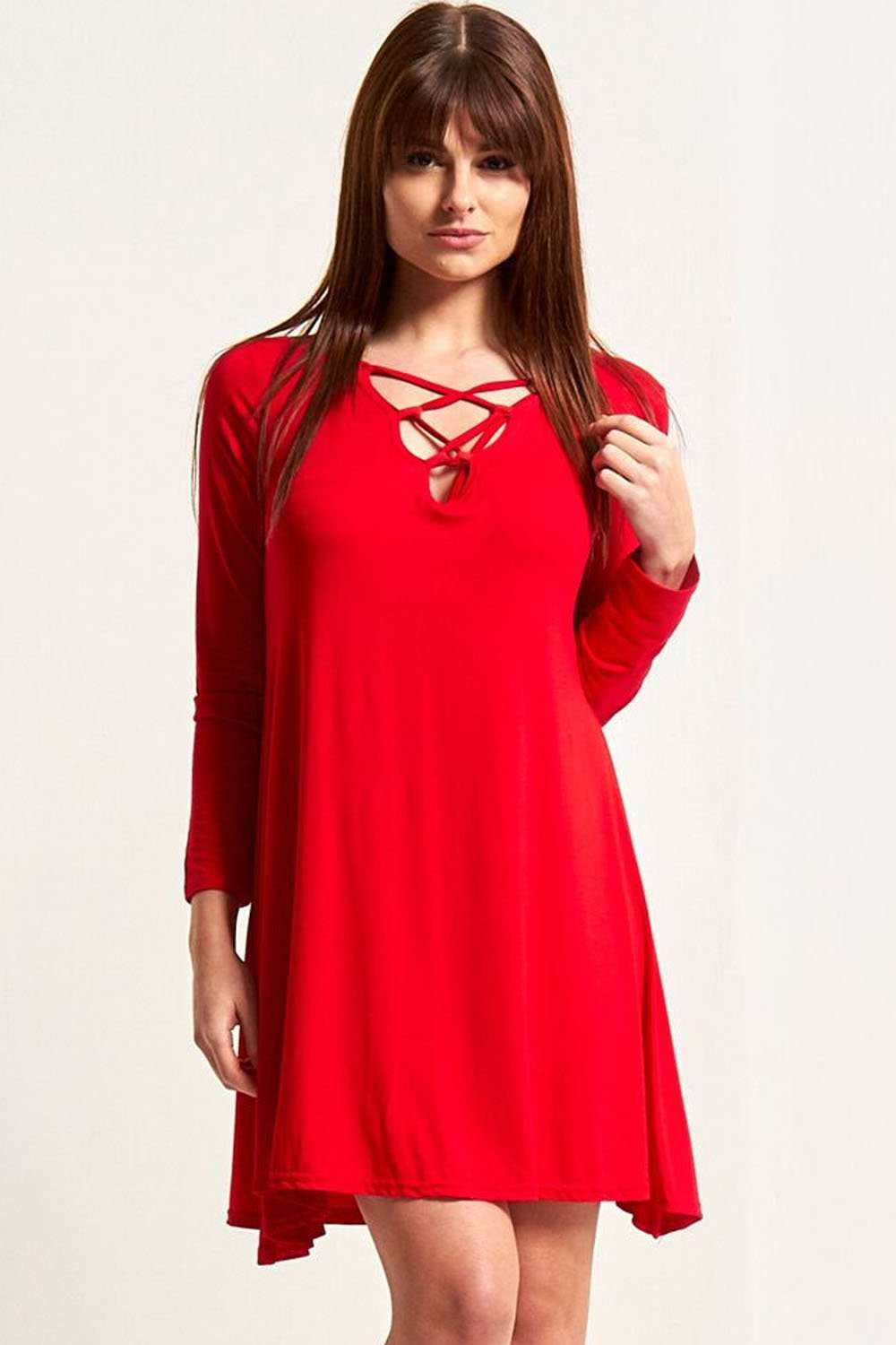 Red Long Sleeve Basic Lace Up Mini Swing Dress - bejealous-com