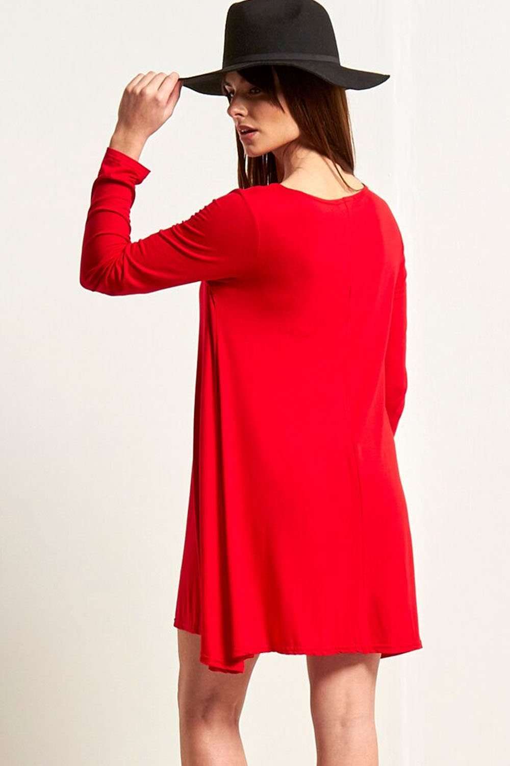 Red Long Sleeve Basic Lace Up Mini Swing Dress - bejealous-com