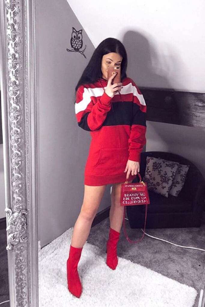 Red Oversized Contrast Stripe Hooded Sweater Dress - bejealous-com