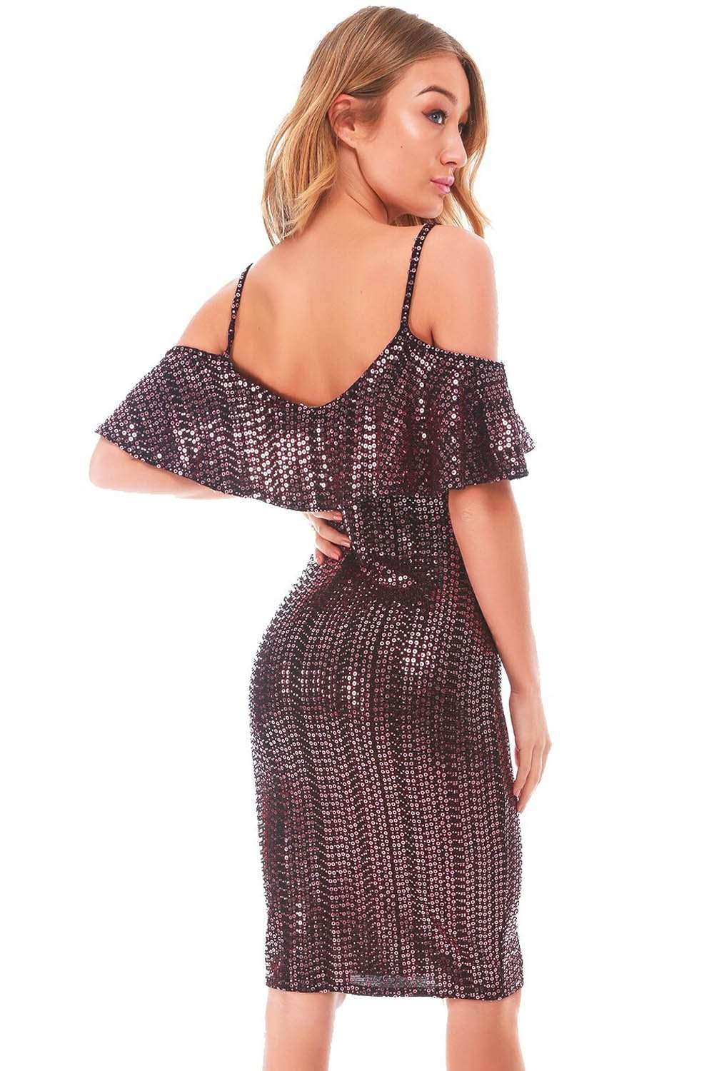 Red Strappy Sequin Bardot Frill Midi Bodycon Dress - bejealous-com