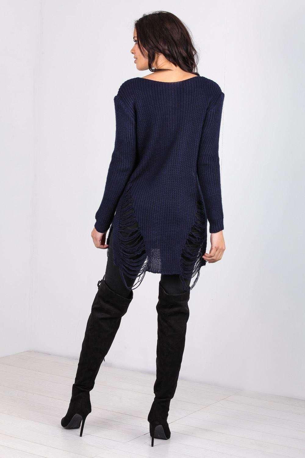 Long Sleeve Red Frayed Knitted Jumper - bejealous-com