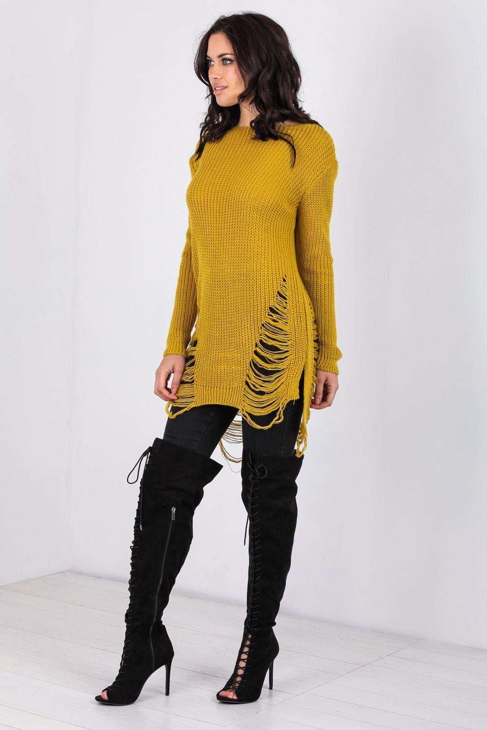 Long Sleeve Red Frayed Knitted Jumper - bejealous-com