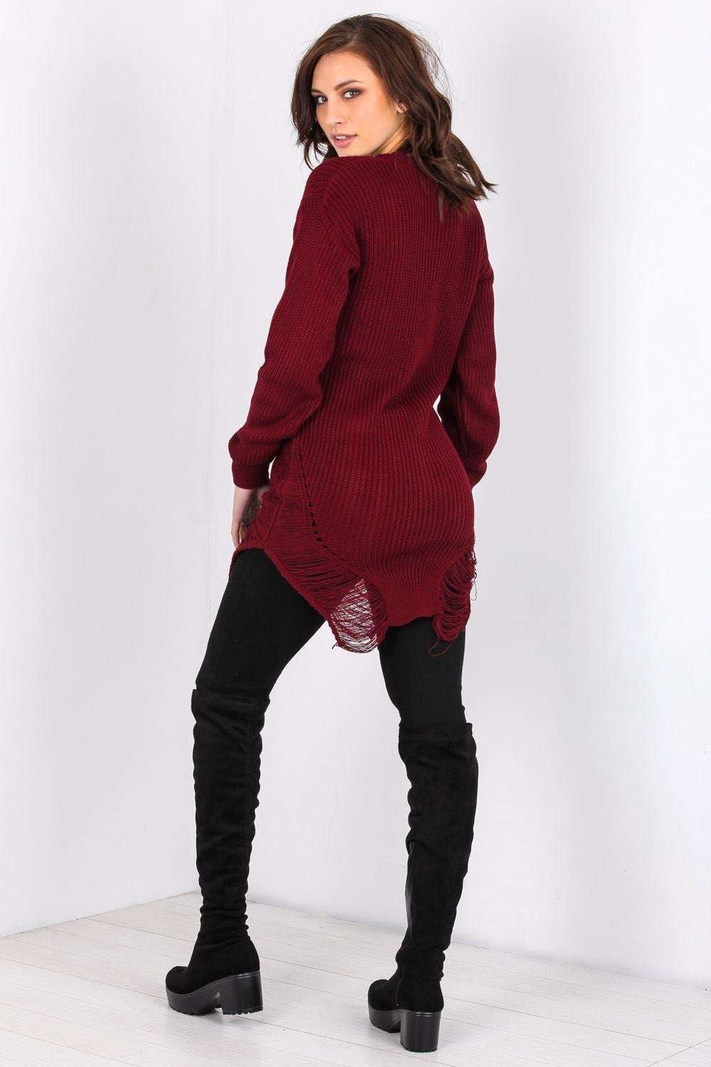 Long Sleeve Red Frayed Knitted Jumper - bejealous-com