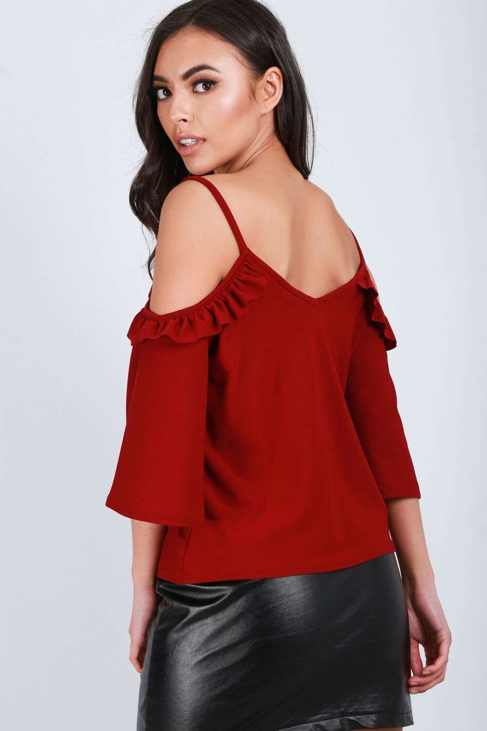 Ruby Flute Sleeve Cold Shoulder Frilly Cami Top - bejealous-com