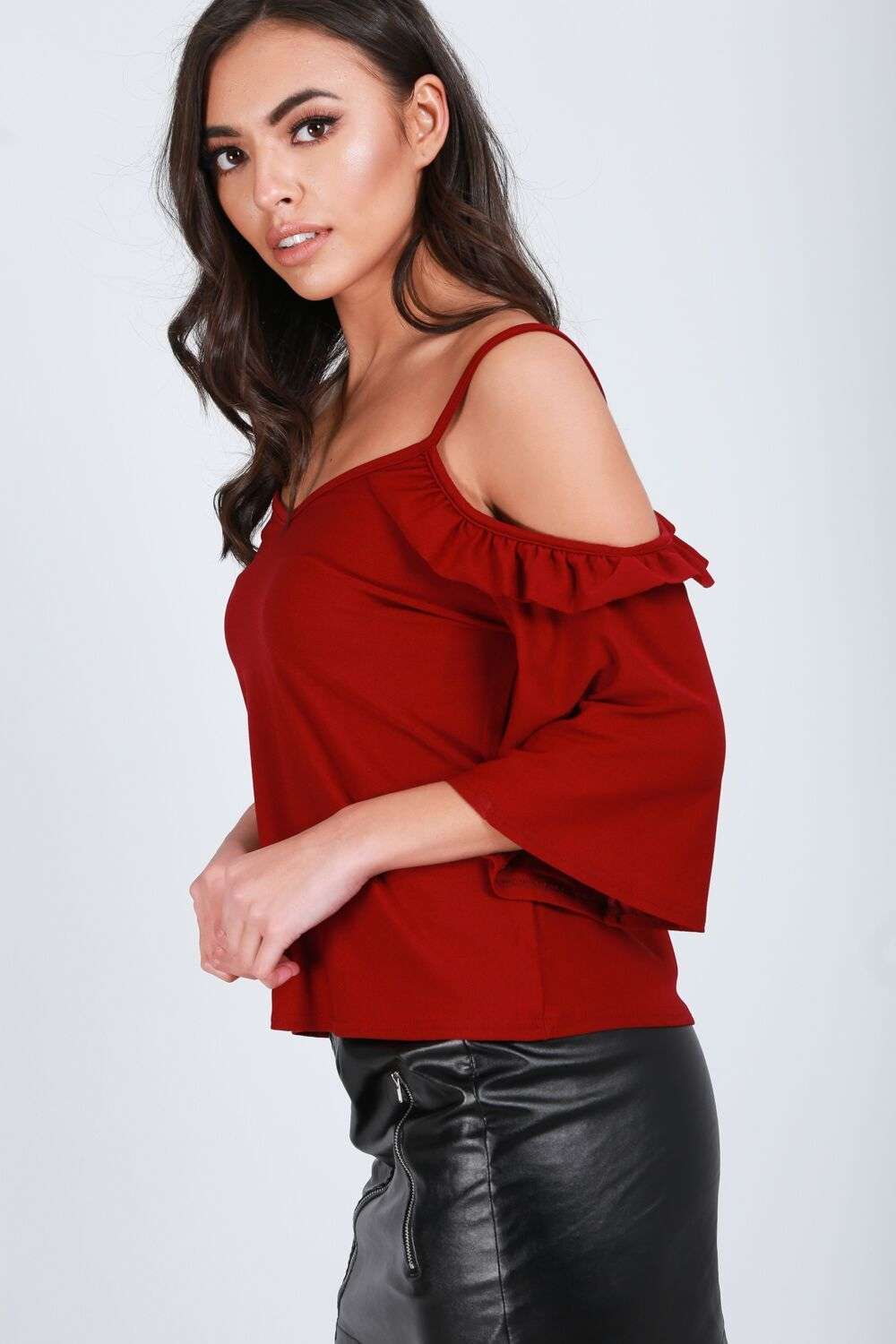 Ruby Flute Sleeve Cold Shoulder Frilly Cami Top - bejealous-com