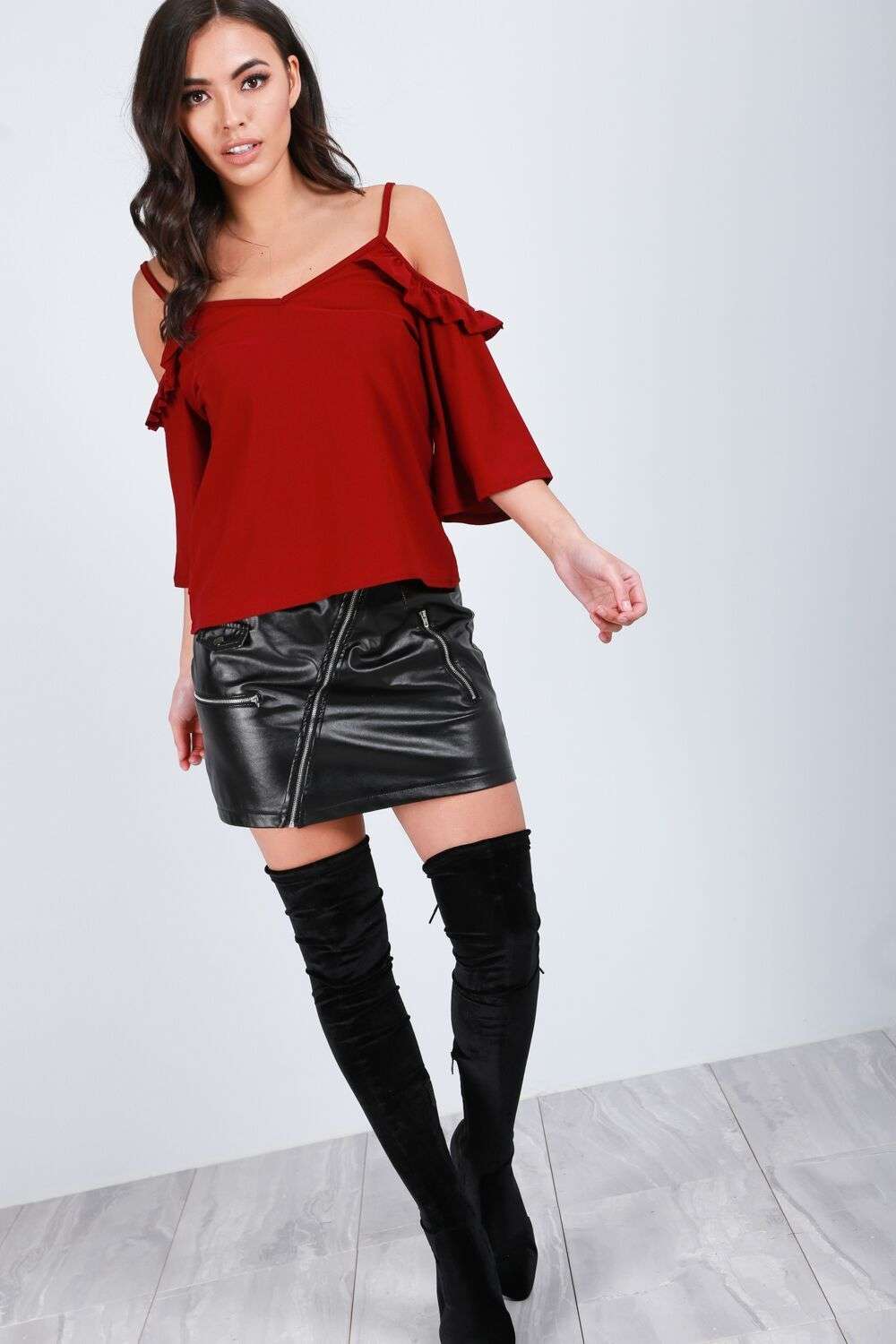 Ruby Flute Sleeve Cold Shoulder Frilly Cami Top - bejealous-com