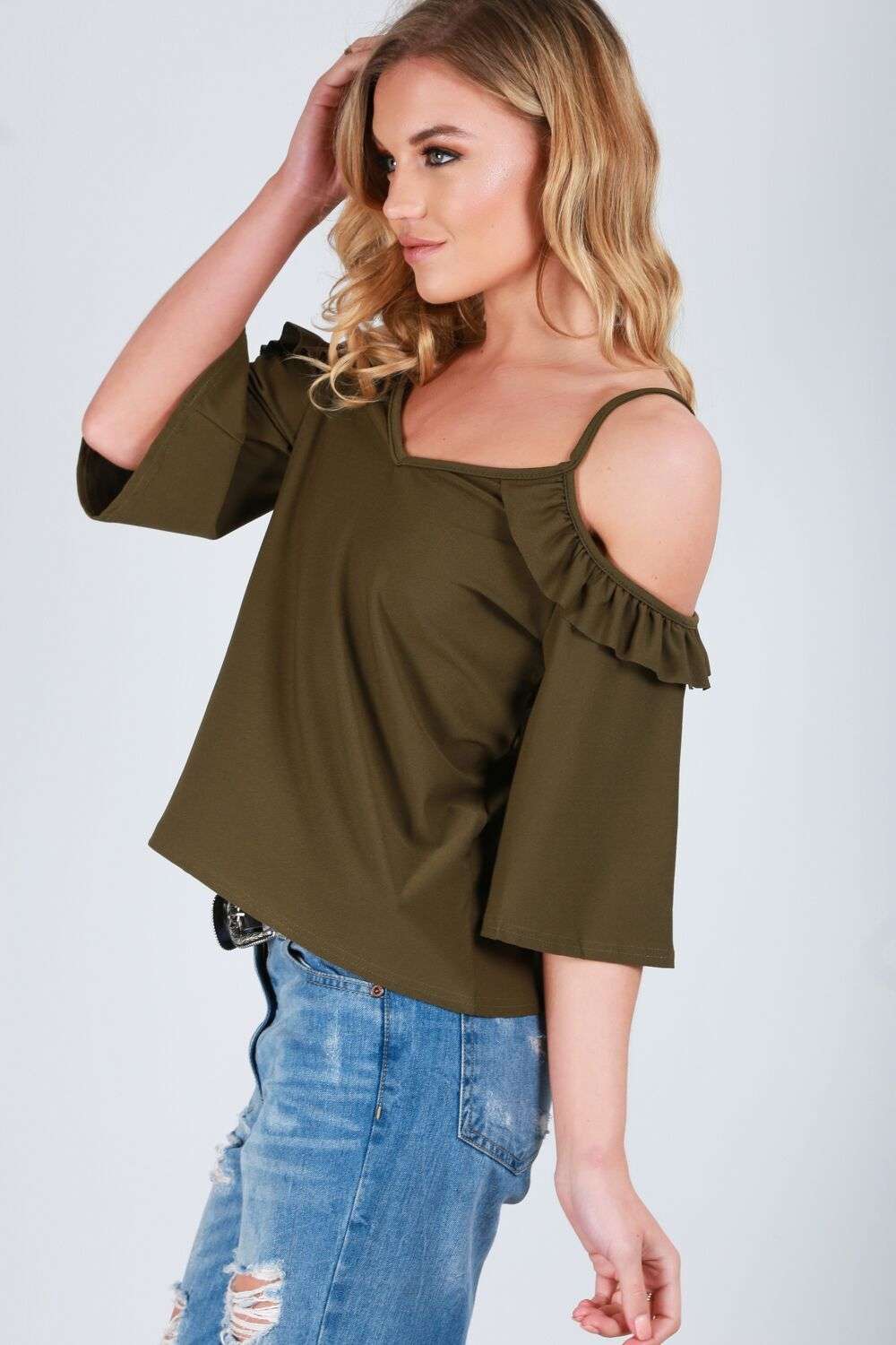 Ruby Flute Sleeve Cold Shoulder Frilly Cami Top - bejealous-com