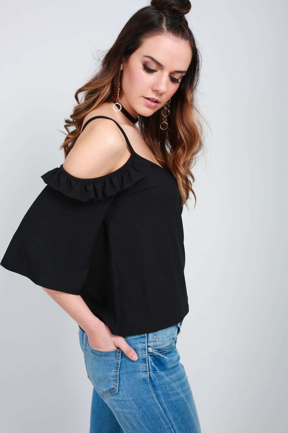 Ruby Flute Sleeve Cold Shoulder Frilly Cami Top - bejealous-com