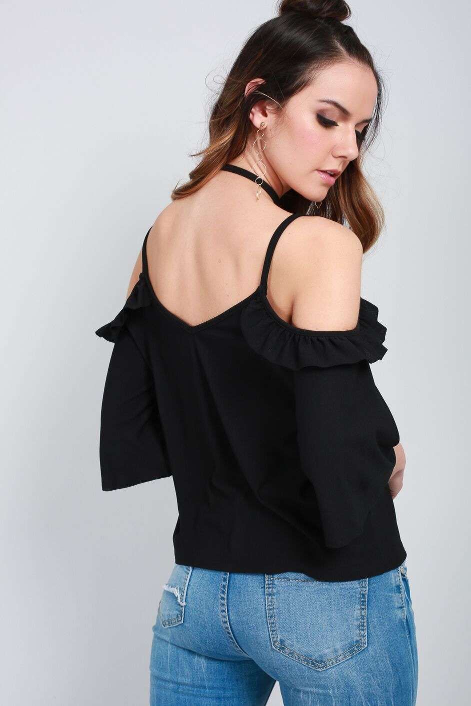 Ruby Flute Sleeve Cold Shoulder Frilly Cami Top - bejealous-com