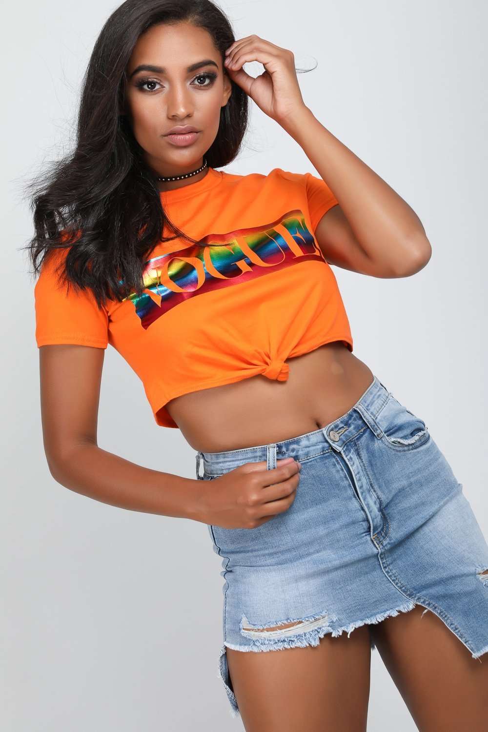 Sallie Vogue Print Tie Front Cropped Tshirt - bejealous-com