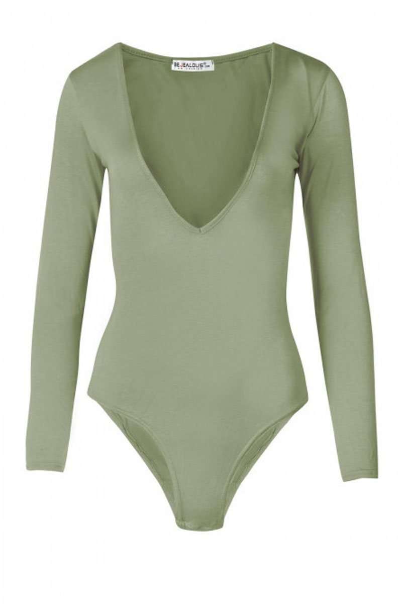 Samantha Long Sleeve Plain V Neck Bodysuit - bejealous-com