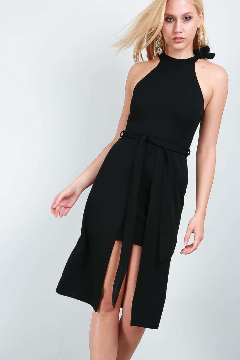 Sammie Tie Waist Halterneck Midi Dress - bejealous-com