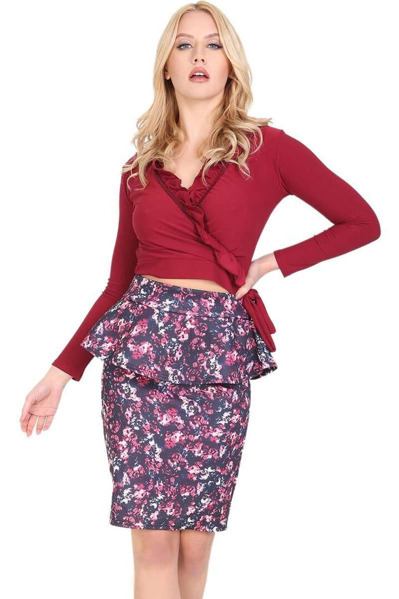 Floral Blouse Red Floral Midi Pencil Skirt Saskia High Waist