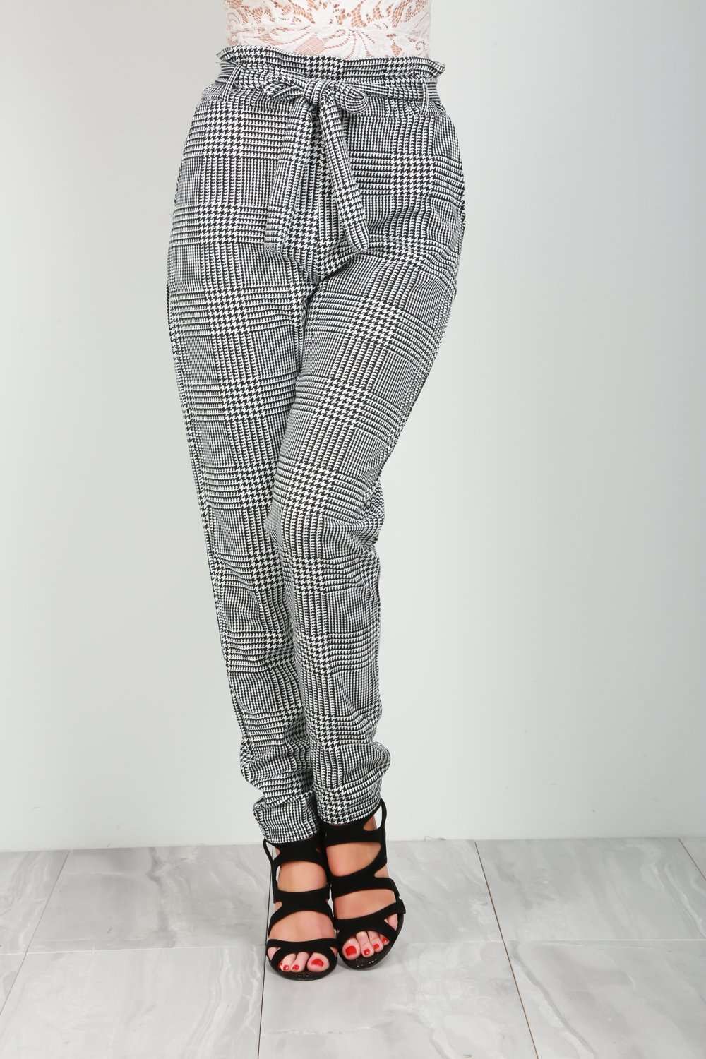 Shian High Waisted Belted Monochrome Trousers - bejealous-com