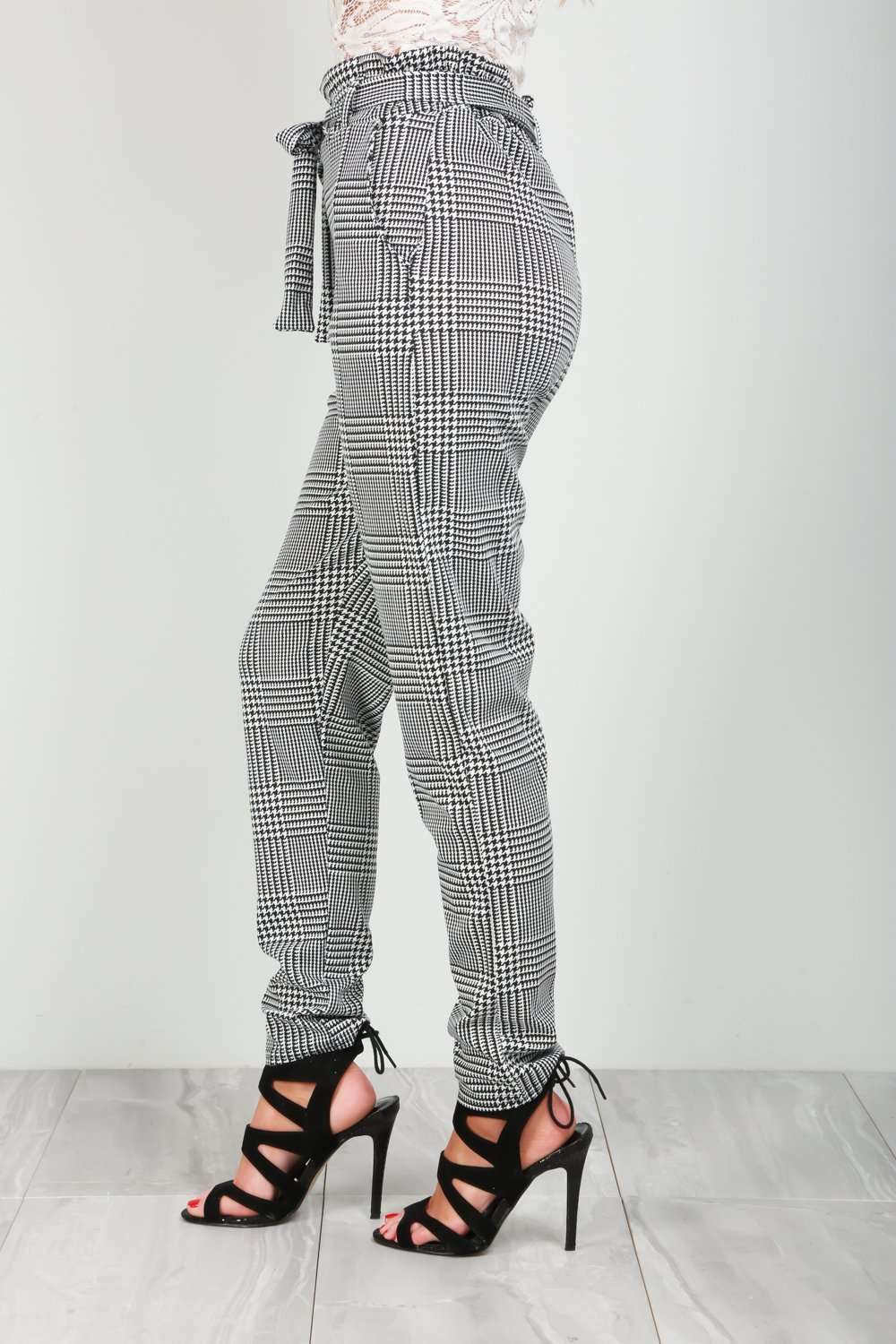 Shian High Waisted Belted Monochrome Trousers - bejealous-com