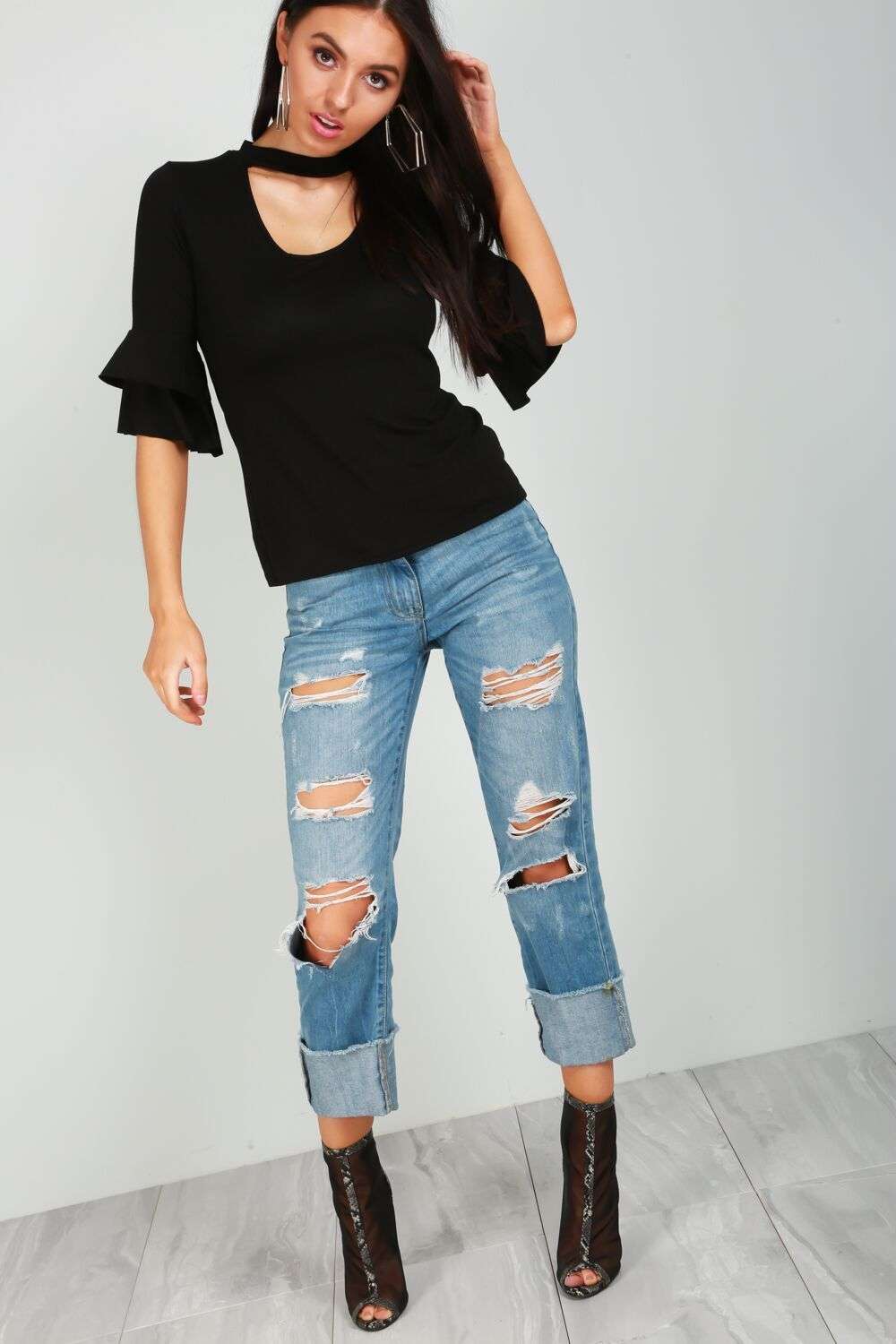 Sienna Choker Neck Jersey Flare Sleeve Top - bejealous-com